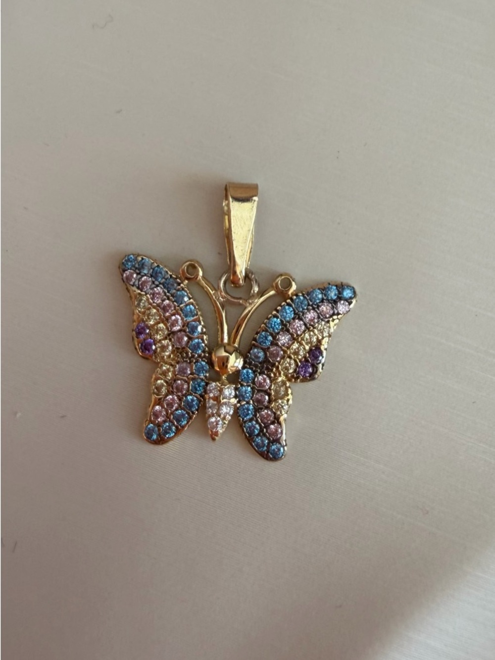 18k Gold Butterfly Pendant with Blue and Pink Crystal Accents